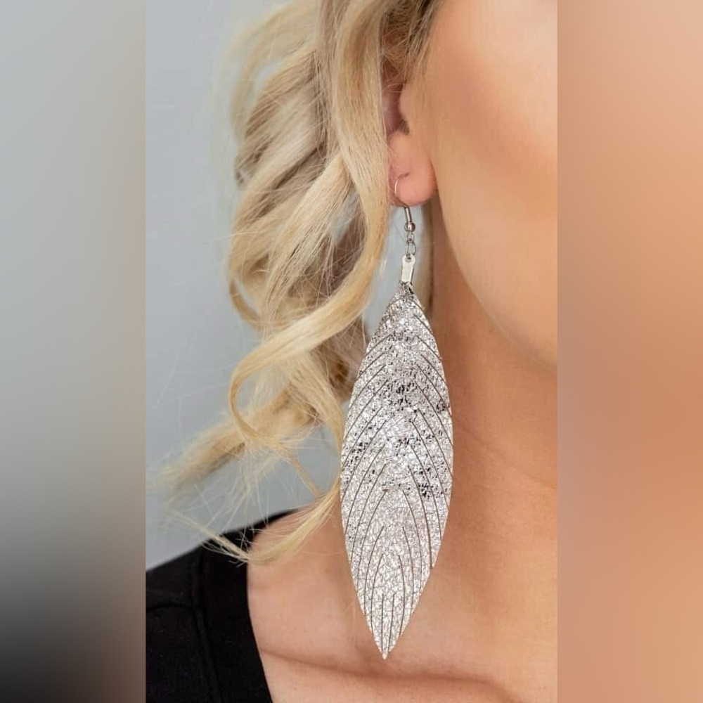 Metallic silver leather long earrings